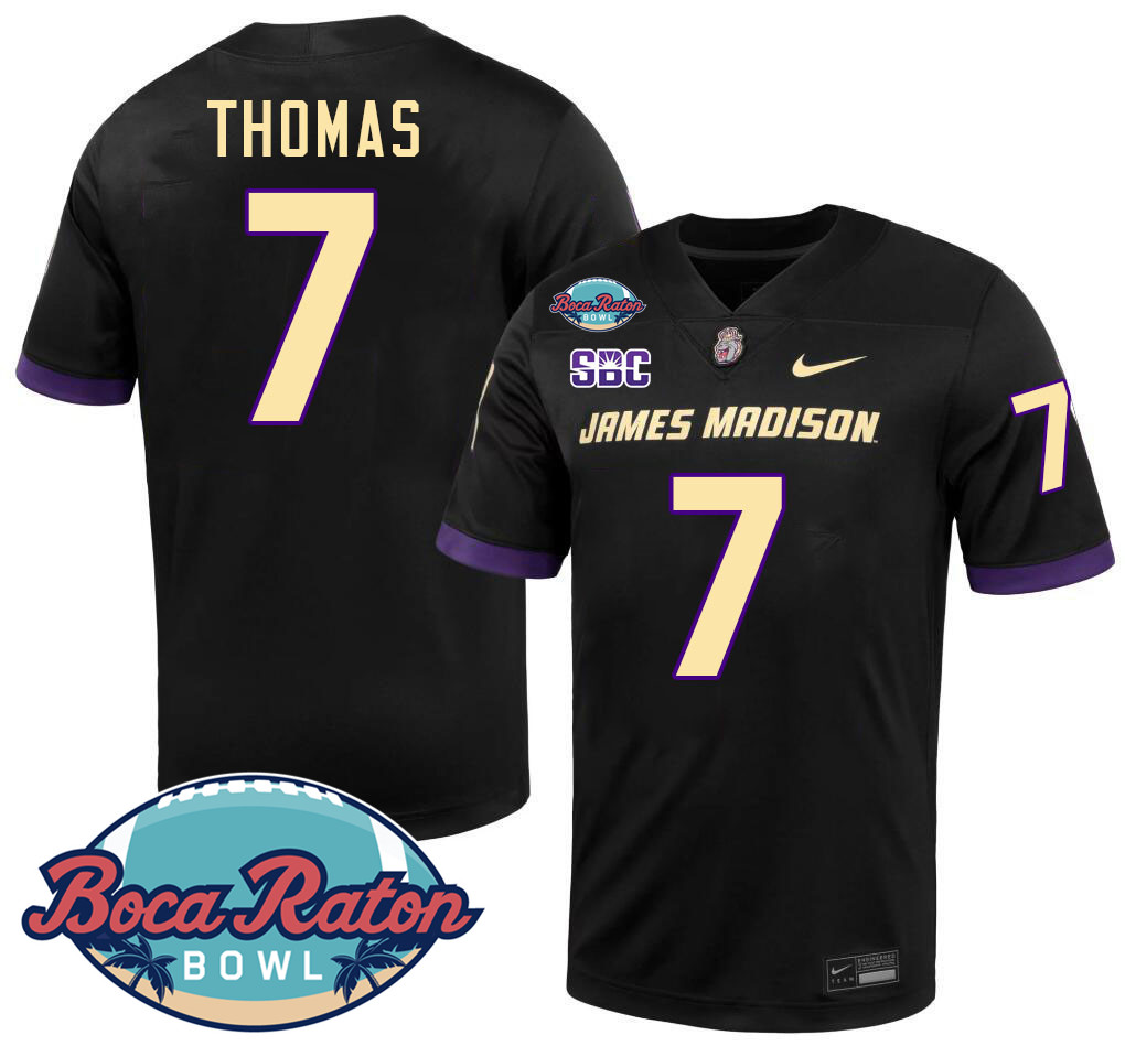 #7 Jacob Thomas James Madison Dukes 2024 Boca Raton Bowl Jersey-Black